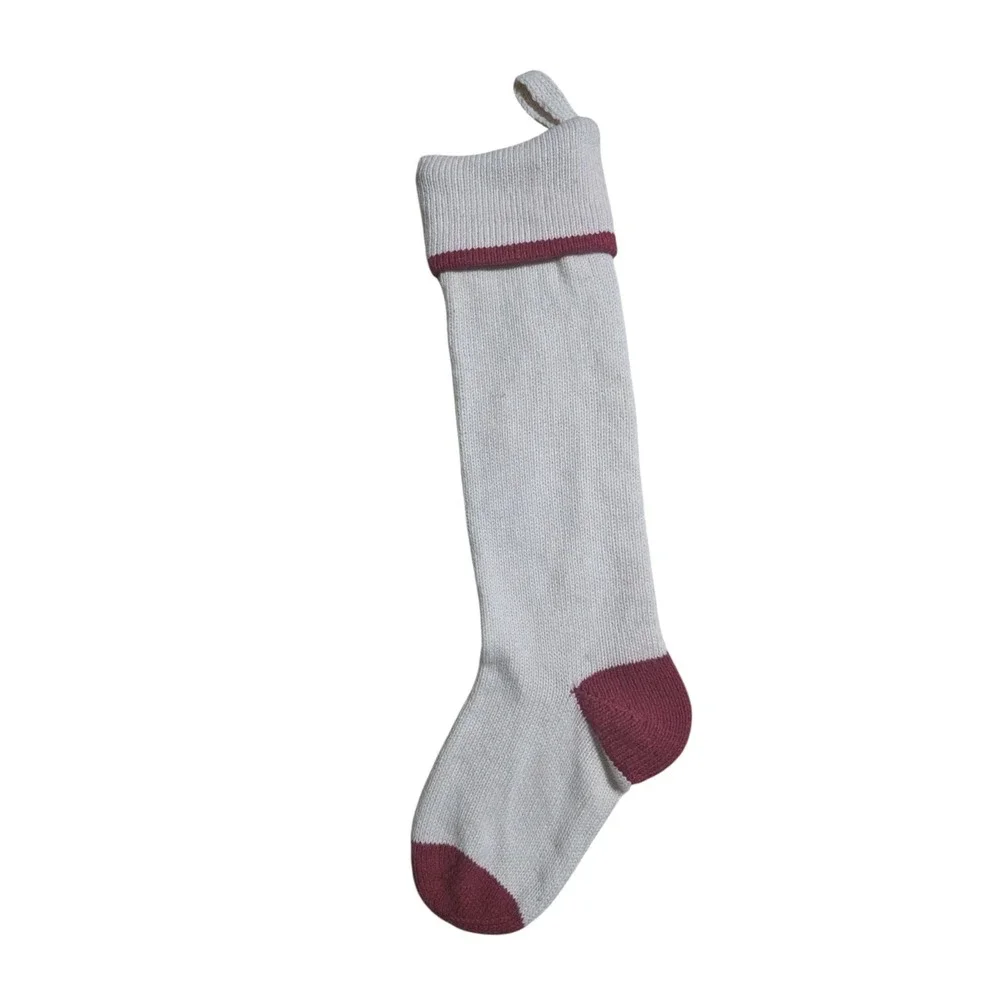 Pottery Barn Kingsley Knit Christmas Stocking Gray Burgundy Loop Classic